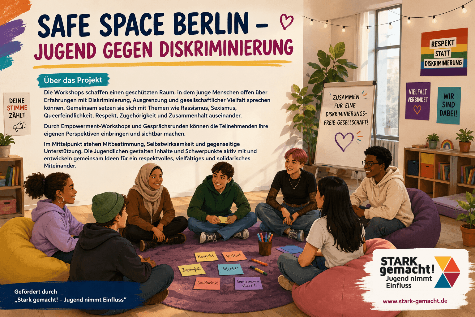 Deutsches Safe-Space-Berlin-Plakat mit jungen Menschen in einem Gesprächskreis